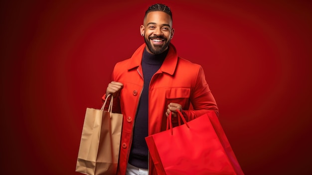 Photo un homme souriant et heureux tenant des sacs d'achat sur un fond rouge