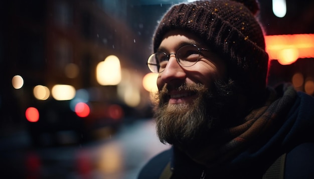Un homme souriant en hiver éclairé par un lampadaire généré par l'intelligence artificielle