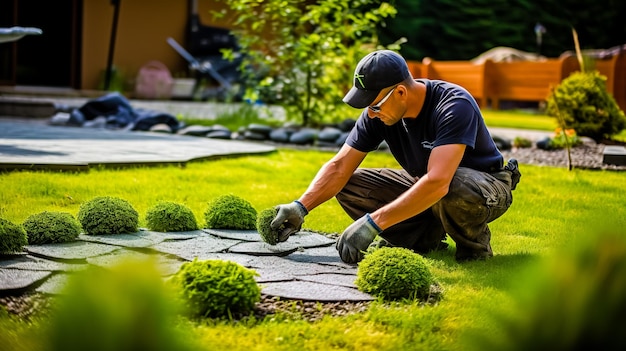 Un homme souriant jardine dans le jardin.