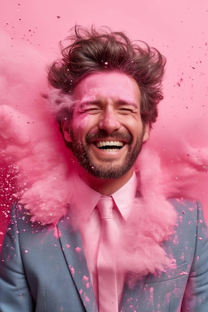 Un homme souriant et joyeux dans un costume formel dans la fumée rose l'homme en poudre rose