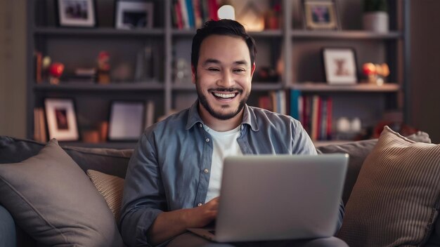 Un homme souriant lors d'un achat en ligne à la maison