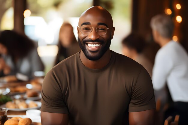 un homme souriant en lunettes assis à une table avec de la nourriture et des gens IA générative