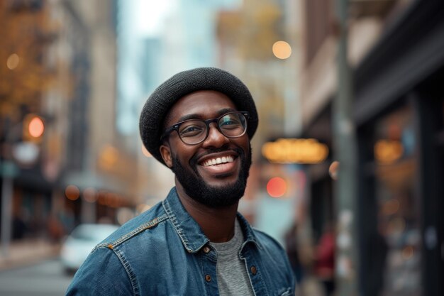 L'homme souriant avec des lunettes et un chapeau