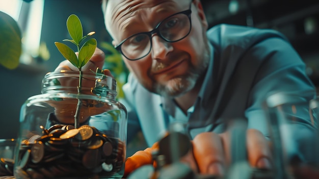 Homme souriant avec des lunettes cultivant une plante en pièces de monnaie concept de croissance d'investissement littératie financière moderne métaphore visuelle claire attrayante style photo dynamique IA