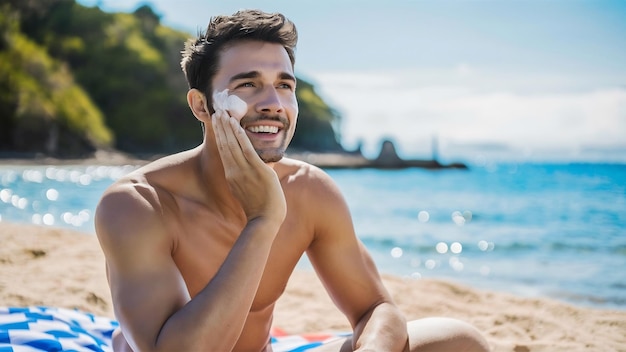 Un homme souriant met de la crème bronzante sur son visage prend un bain de soleil sur la plage