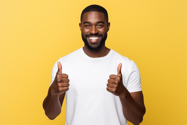 Un homme souriant montrant ses pouces sur un fond jaune.