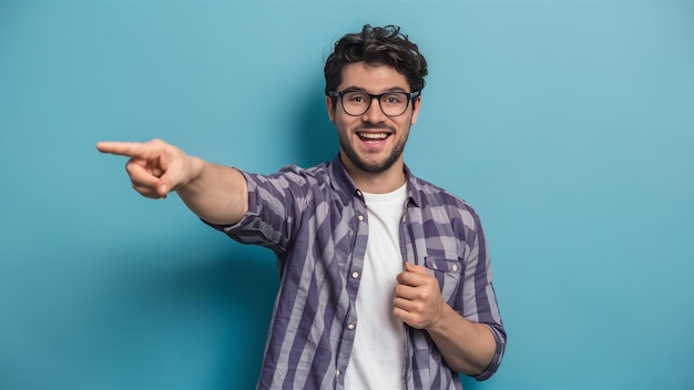 Homme souriant pointant dans une direction espace de copie