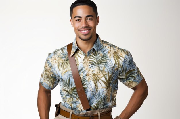 Un homme souriant portant une chemise tropicale