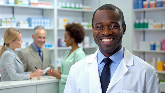 Photo un homme souriant portant un manteau de laboratoire avec le mot 