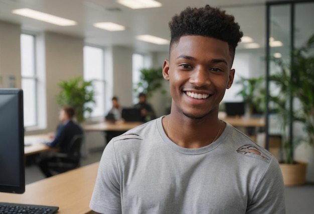 Photo un homme souriant à un poste de travail dans un environnement de bureau moderne positif et professionnel