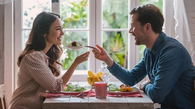 Un homme souriant et prudent nourrit sa jolie amie pendant un dîner romantique à la maison.