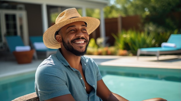 Un homme souriant se détend dans un complexe hôtelier coûteux avec une piscine privée en arrière-plan