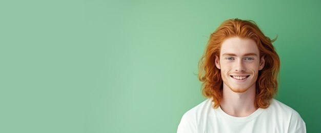 Homme souriant sexy et élégant avec une peau parfaite et de longs cheveux roux sur un fond vert clair bannière gros plan