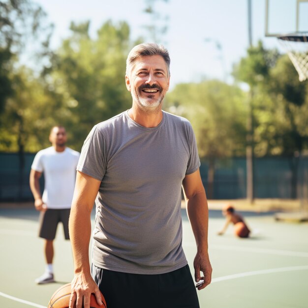 Un homme souriant tenant un ballon de basket sur un terrain