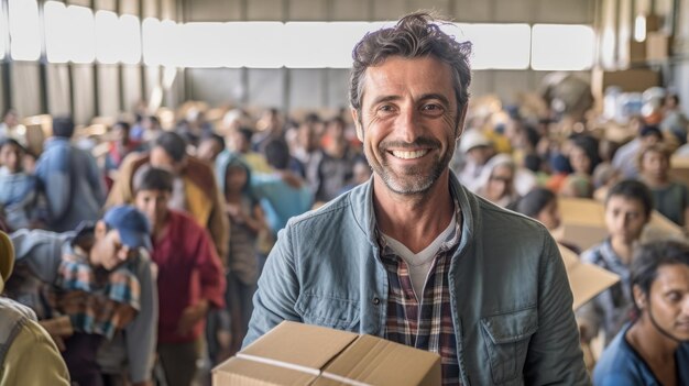 Homme souriant tenant une boîte dans une organisation caritative