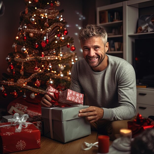 un homme souriant et tenant un cadeau avec un arbre de Noël en arrière-plan