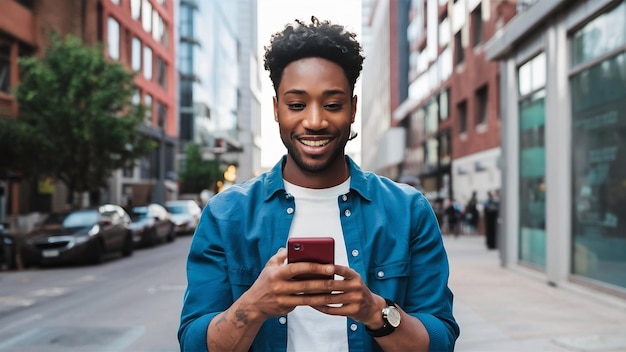 Un homme souriant tenant un smartphone