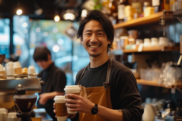 Un homme souriant tenant une tasse de café