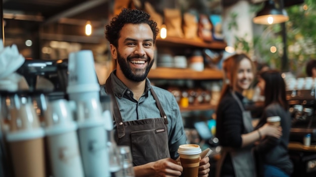 Un homme souriant tenant une tasse de café