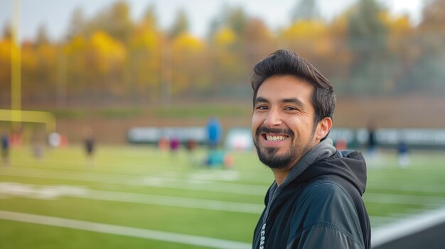 Un homme souriant sur un terrain de football