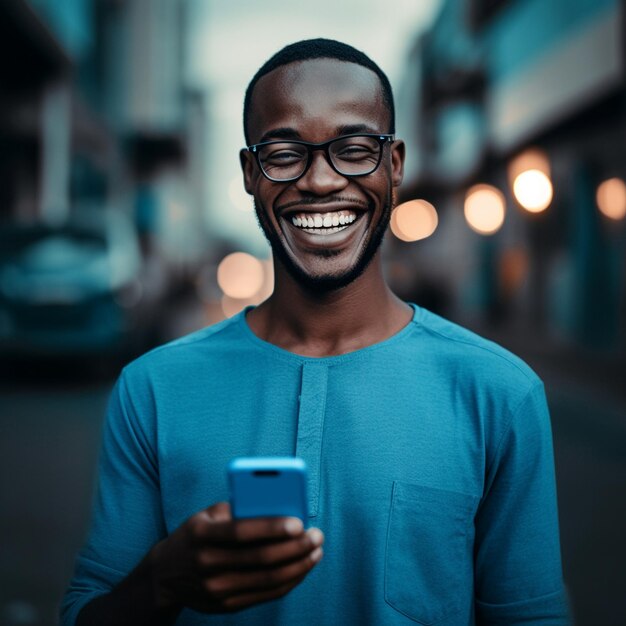 un homme souriant tout en tenant un téléphone à la main