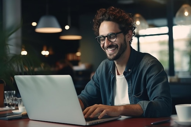 Un homme souriant travaille sur un ordinateur portable travail à distance vidéo communication générative ai