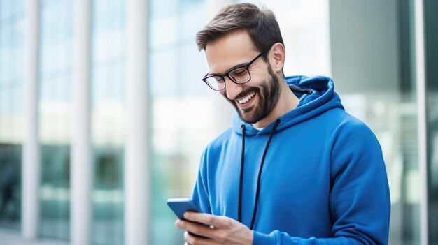 L'homme souriant en vêtements bleus utilise le téléphone.