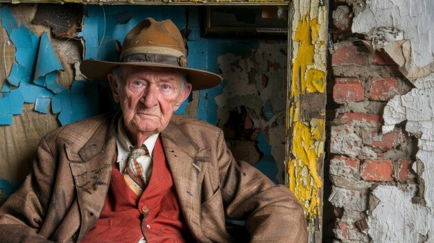 Un homme avec un sourire nostalgique et des yeux brumeux qui rappellent des souvenirs chers.