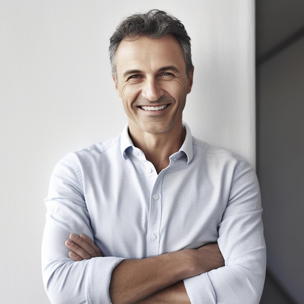 Un homme avec un sourire sur son visage se tient les bras croisés.