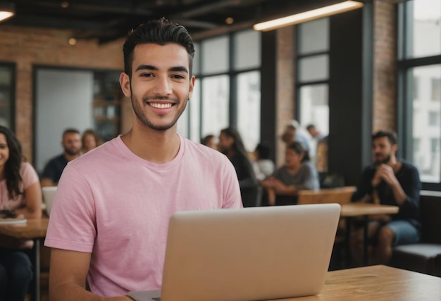 Un homme sourit à la caméra avec un ordinateur portable dans un café bondé avec d'autres clients