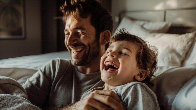 un homme sourit avec un enfant sur ses genoux et les mots " heureux "