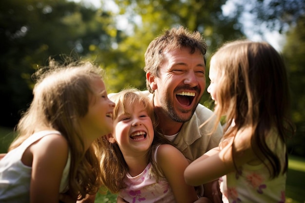 un homme sourit avec des enfants dans le parc.