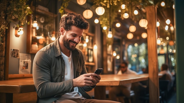 Photo un homme sourit avec un téléphone portable dans un café.