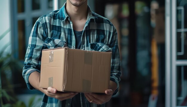 Photo un homme sourit et tient une boîte en carton.