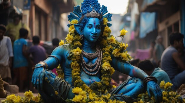 un homme sous la forme du dieu bleu éléphant Ganesha