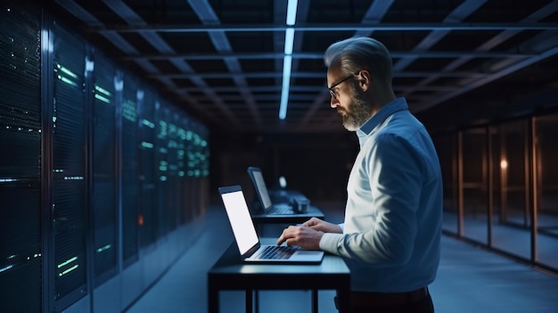 Homme spécialiste informatique travaillant sur un ordinateur portable dans un centre de données Professionnel en technologie de l'information IA générative