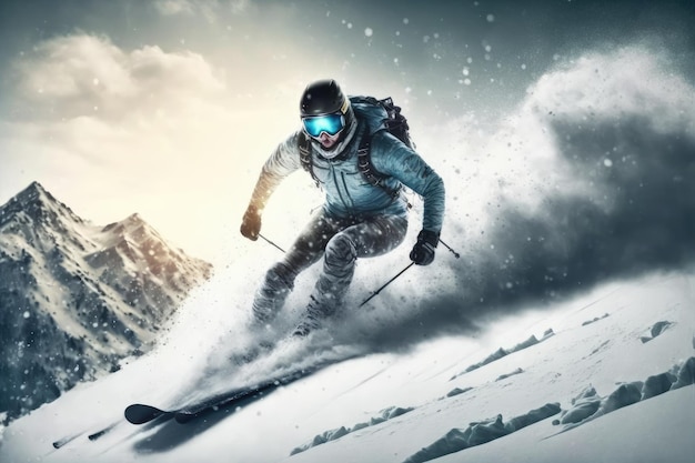 Homme de sport skiant sur la montagne enneigée en hiver Sport actif et extrême