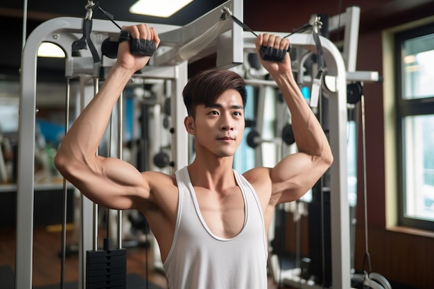 Homme sportif asiatique utilisant de l'équipement de gymnastique d'exercice au gymnase culturisme asiatique pour l'entraînement musculaire