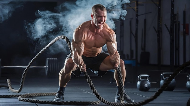 Un homme sportif faisant des exercices de crossfit avec une corde dans un gymnase fumé.