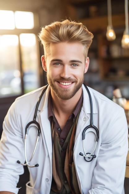 un homme avec un stéthoscope assis à une table