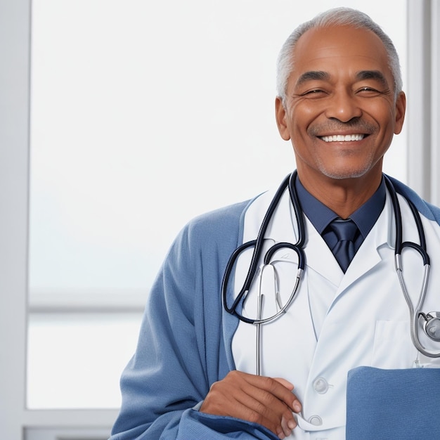 Un homme avec un stéthoscope sur son manteau sourit au docteur.