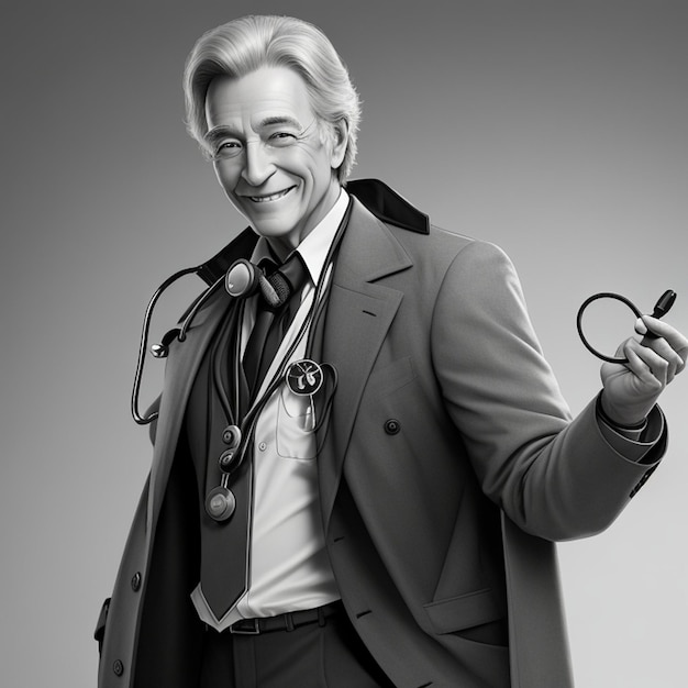 Un homme avec un stéthoscope sur son manteau sourit au docteur.
