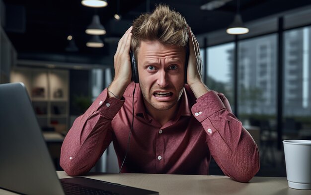 Un homme stressé et anxieux assis à un bureau et regardant la caméra