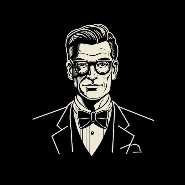 Homme de style bande dessinée vintage en smoking noir avec des lunettes et une cravate
