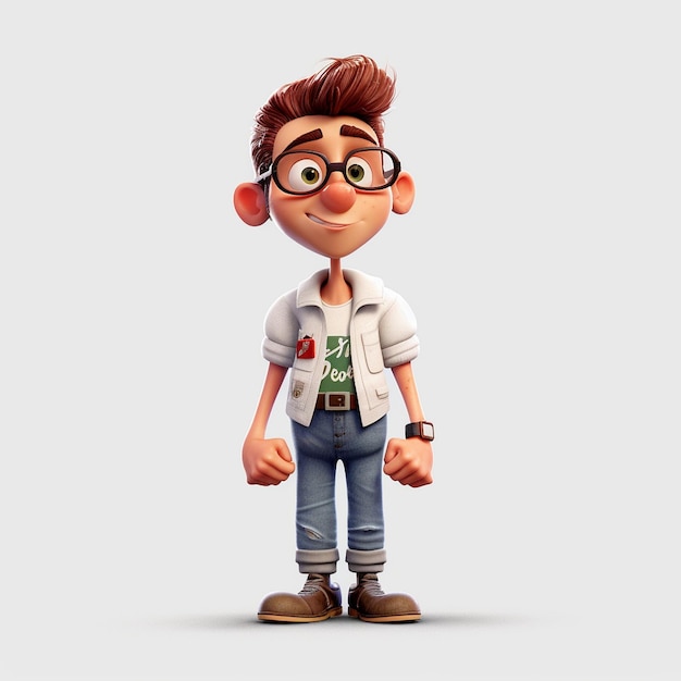 Homme de style dessin animé Pixar avec des lunettes sur fond blanc