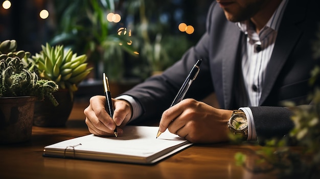 Photo un homme avec un stylo écrit sur un bloc-notes au bureau