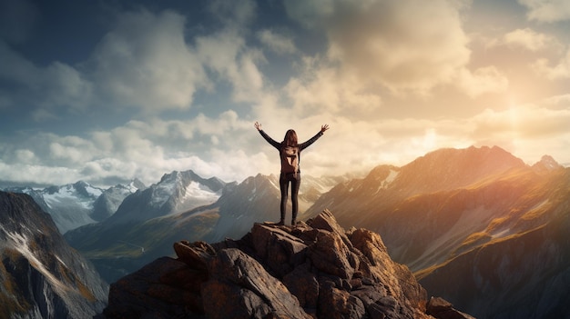 Un homme de succès au sommet d'une montagne.