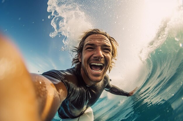 Photo un homme surfe dans l'océan et sourit en arrière-plan