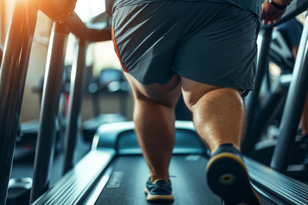 Un homme en surpoids court sur un tapis roulant au gymnase.