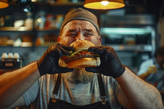 Photo un homme en surpoids jouissant d'un hamburger dans un café animé rayonnant de contentement et de joie